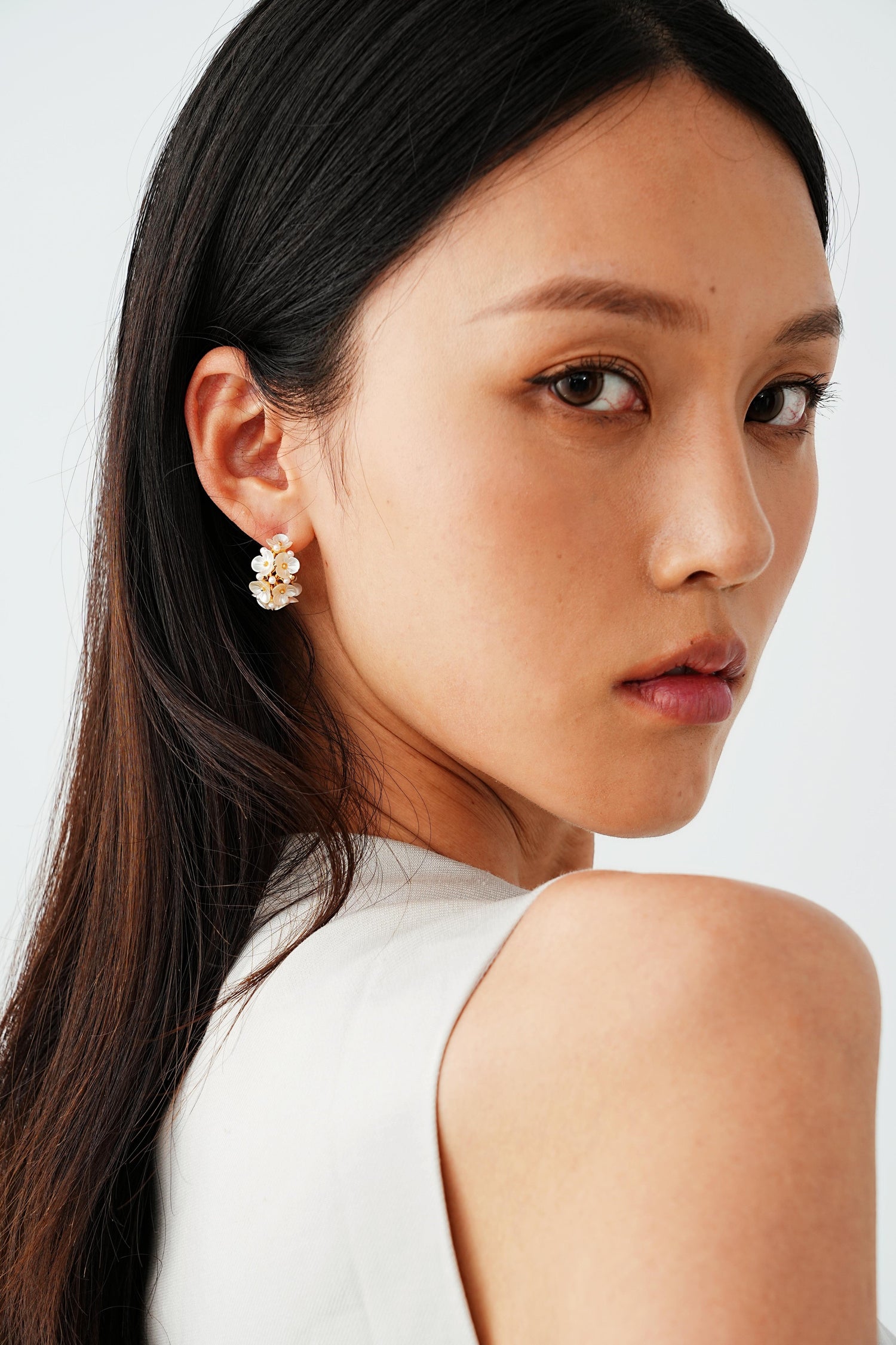 Celine Floral Pearl C Hoop Earrings